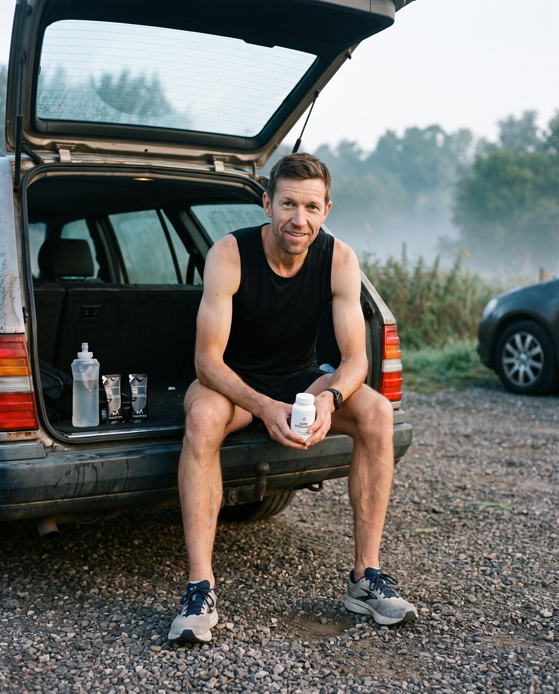 Ultra runner sitting on a car tailgate at dawn, holding a bottle of Carb Accelerator and smiling at the camera