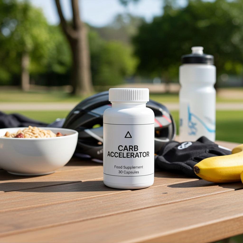 Supplement bottle labeled 'Carb Accelerator' on a table with a bowl of food, water bottle, and banana in a park setting.